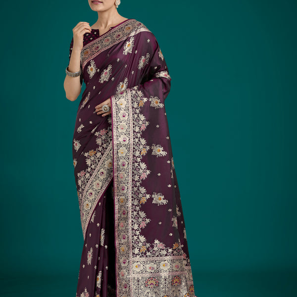 Monjolika Fashion Dark Wine Glamour and Tradition With This Zari Woven Banarasi Satin Silk Saree