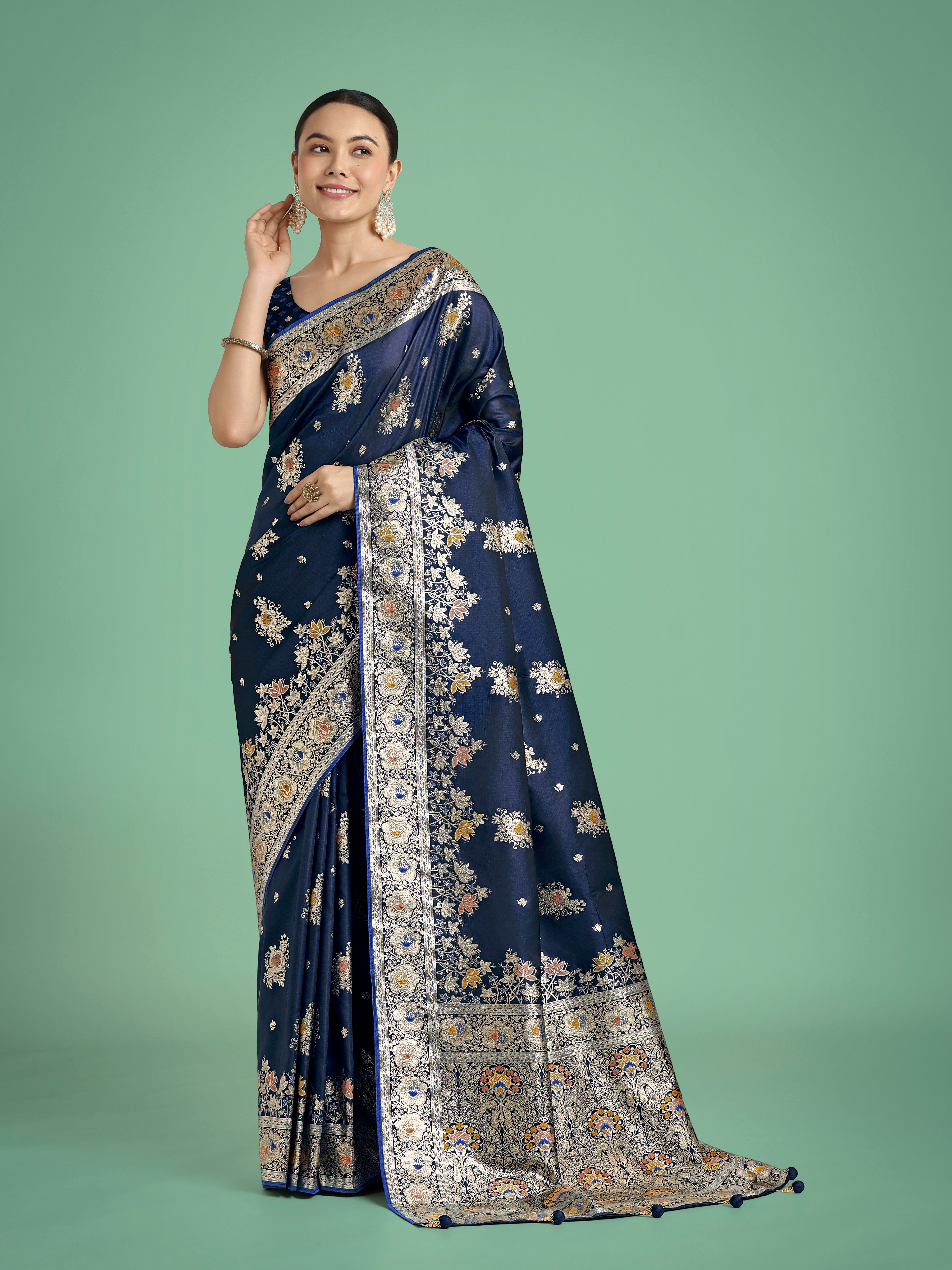 Monjolika Fashion Dark blue Glamour and Tradition With This Zari Woven Banarasi Satin Silk Saree