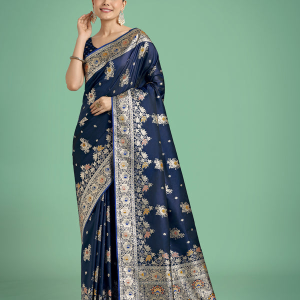 Monjolika Fashion Dark blue Glamour and Tradition With This Zari Woven Banarasi Satin Silk Saree