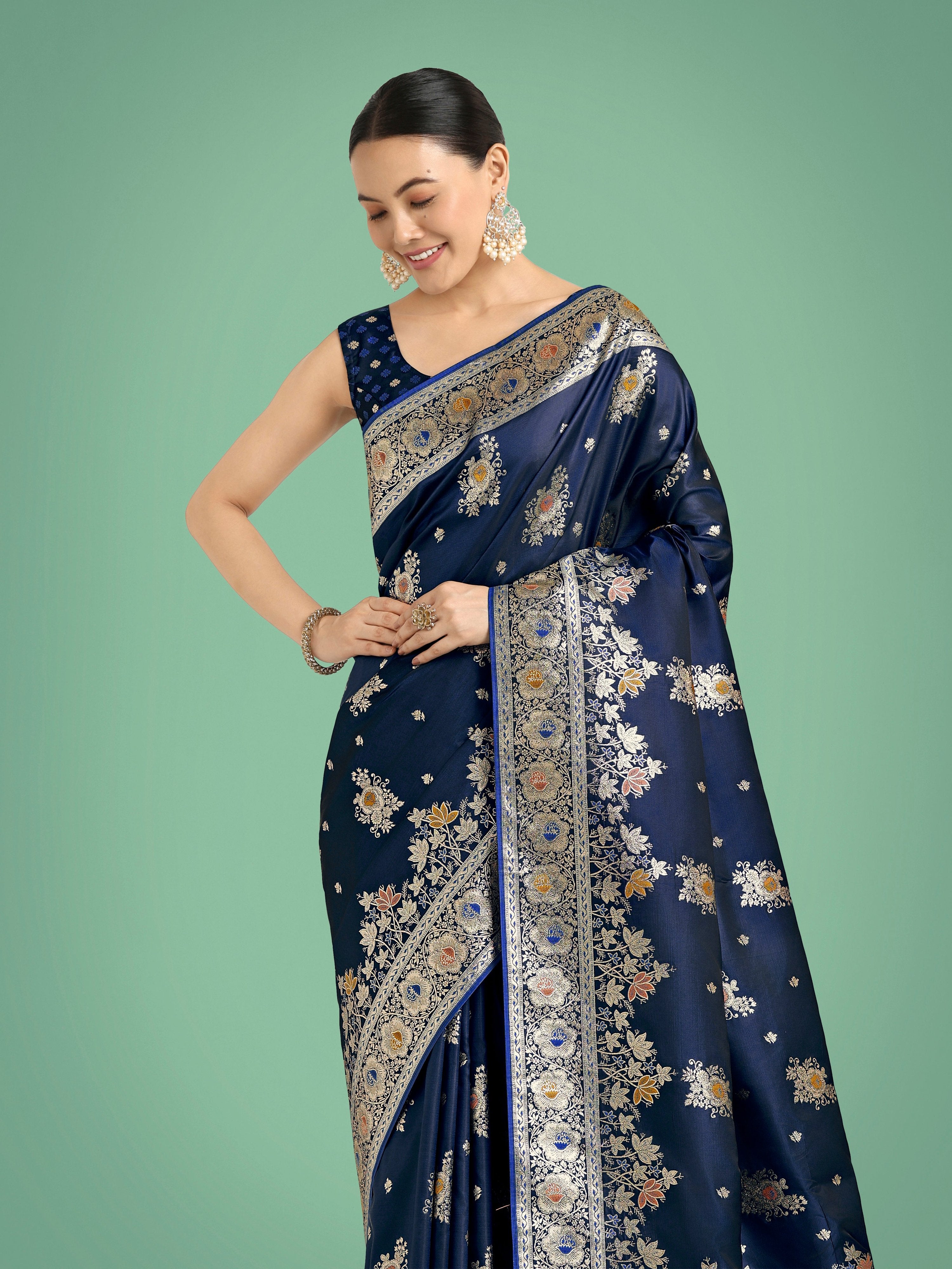 Monjolika Fashion Dark blue Glamour and Tradition With This Zari Woven Banarasi Satin Silk Saree