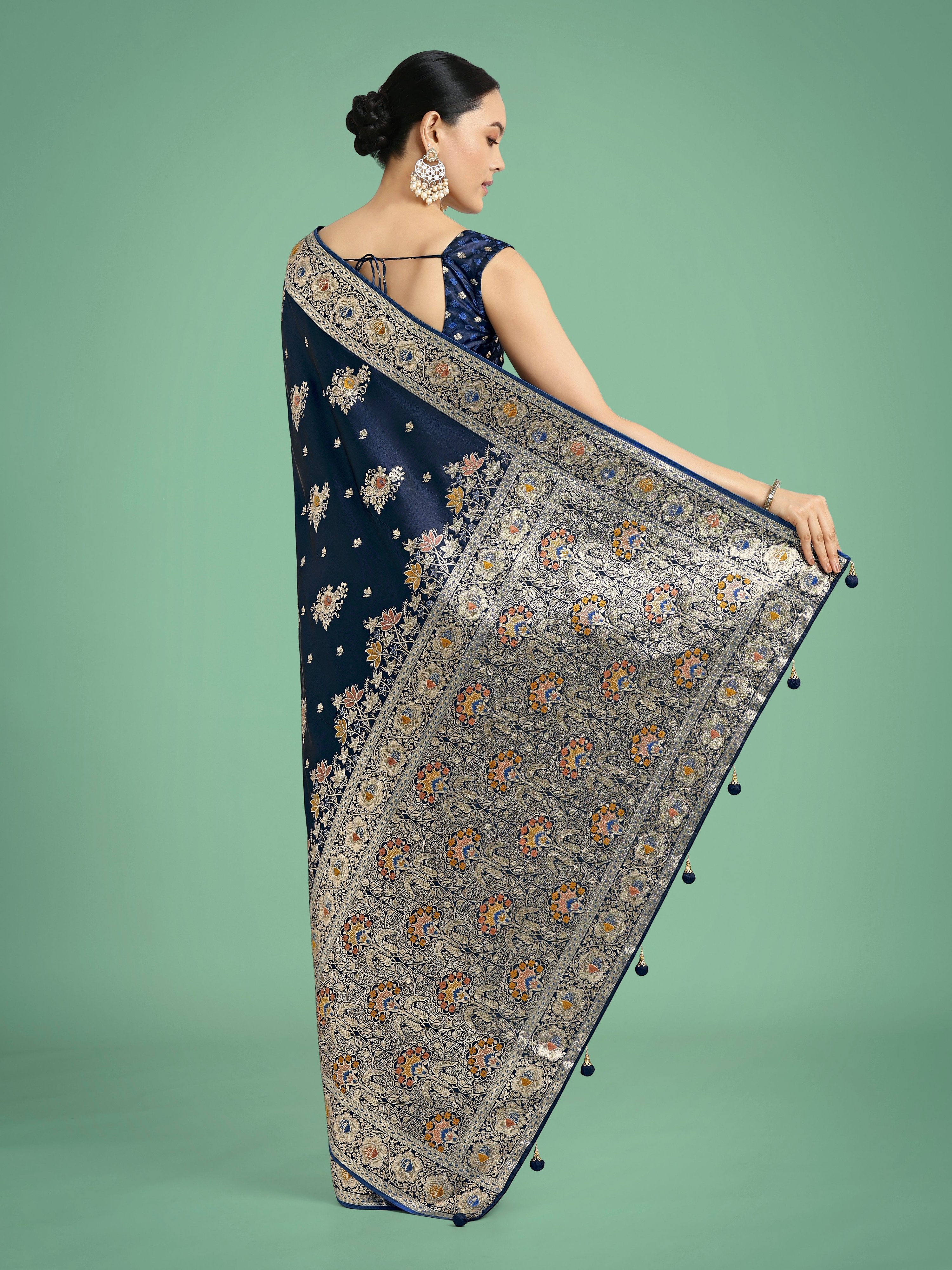 Monjolika Fashion Dark blue Glamour and Tradition With This Zari Woven Banarasi Satin Silk Saree
