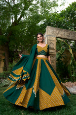 Thumbnail for Lorenvalley Green Pure Cotton Plain And Printed With Cowrie (Kodi) Lace Touch Up Lehenga Choli with Dupatta