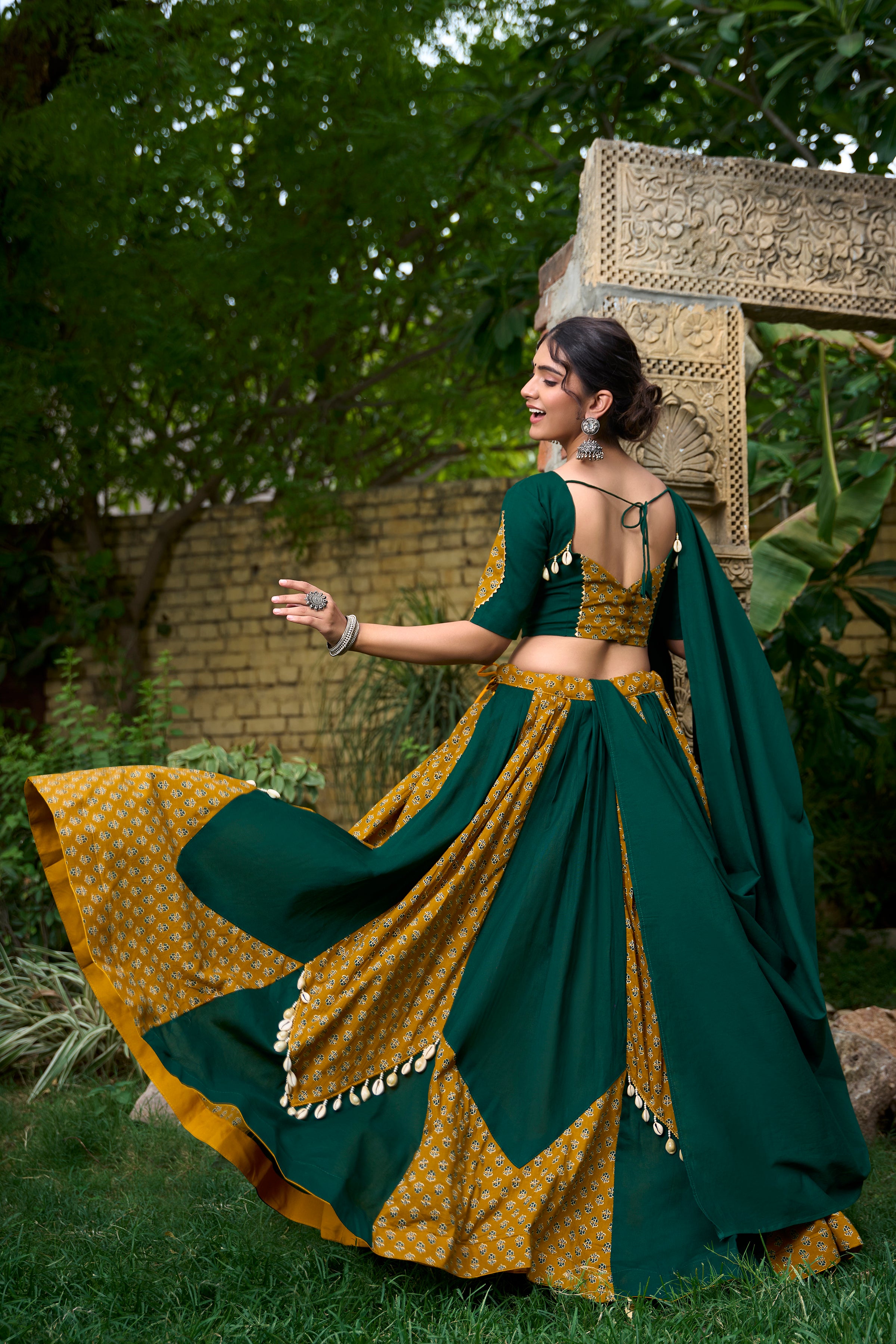 Lorenvalley Green Pure Cotton Plain And Printed With Cowrie (Kodi) Lace Touch Up Lehenga Choli with Dupatta - Distacart