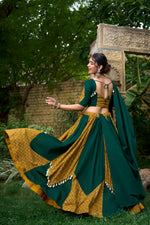 Thumbnail for Lorenvalley Green Pure Cotton Plain And Printed With Cowrie (Kodi) Lace Touch Up Lehenga Choli with Dupatta