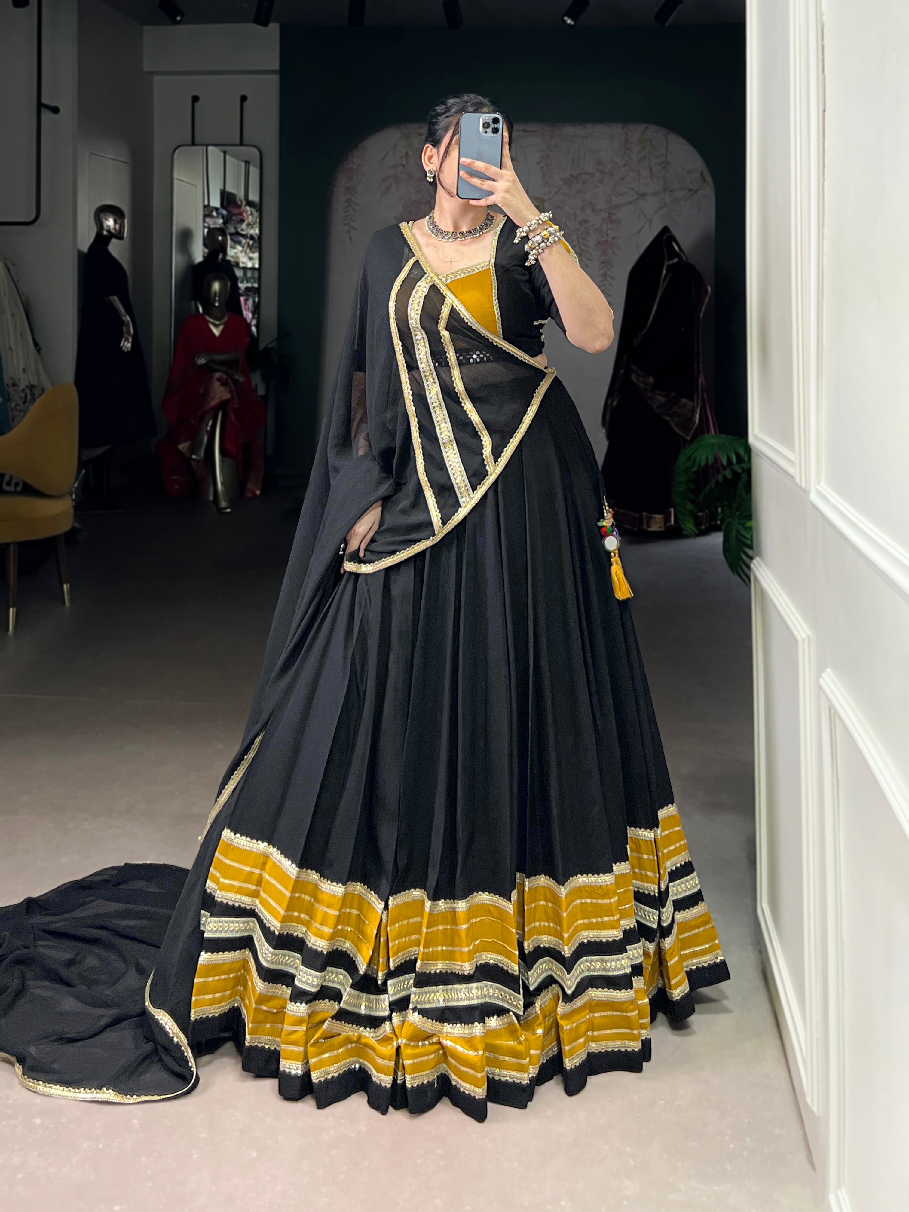 Lorenvalley Fashion Black Pure Rayon Sequins Lace With Gota Patti Lace Touch Up Lehenga Choli with Dupatta - Distacart