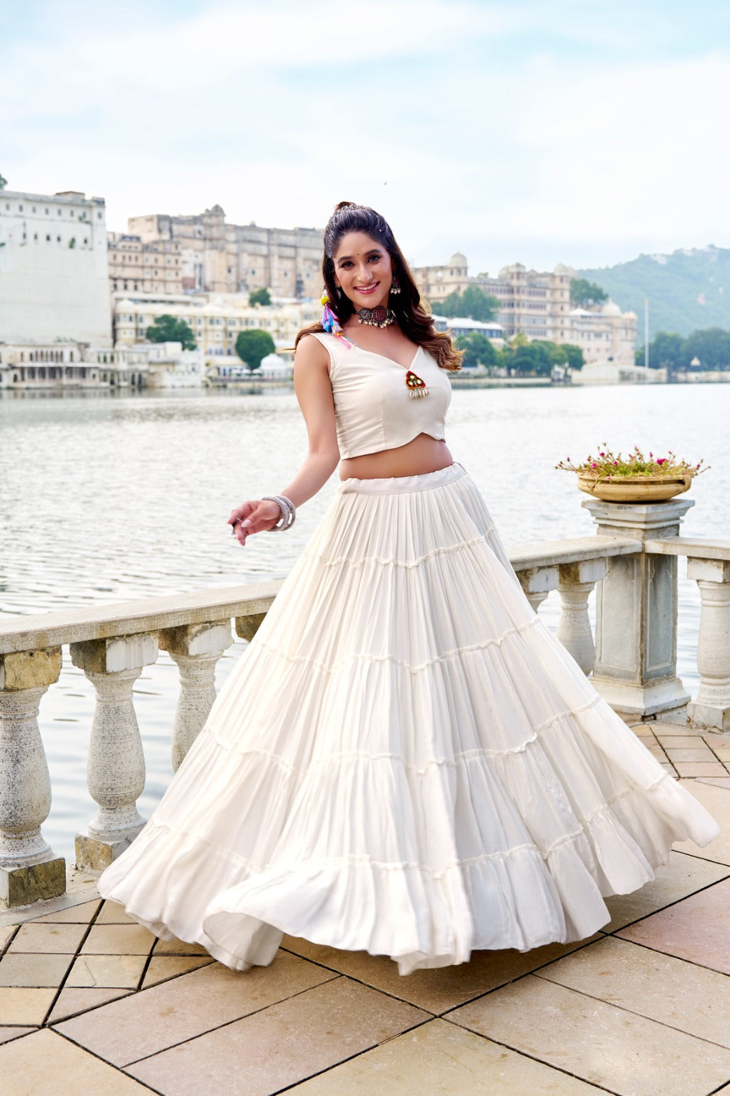 Lorenvalley Fashion White Pure Rayon Plain Frill Lehenga Choli with Koti