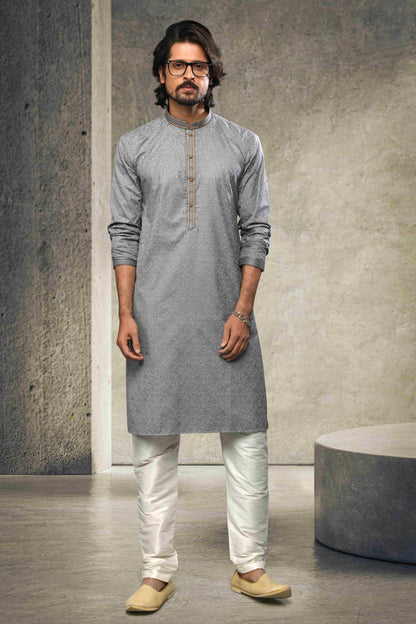 Raivat Ethnic Cotton Printed Work Kurta Pajama In Grey Colour - Distacart