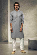 Thumbnail for Raivat Ethnic Cotton Printed Work Kurta Pajama In Grey Colour - Distacart