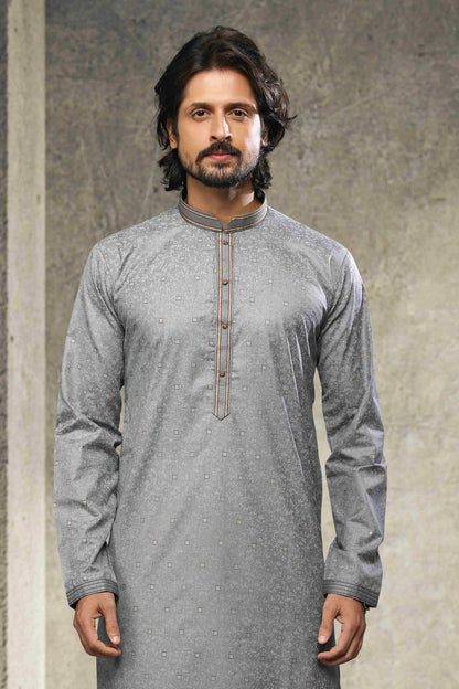 Raivat Ethnic Cotton Printed Work Kurta Pajama In Grey Colour - Distacart