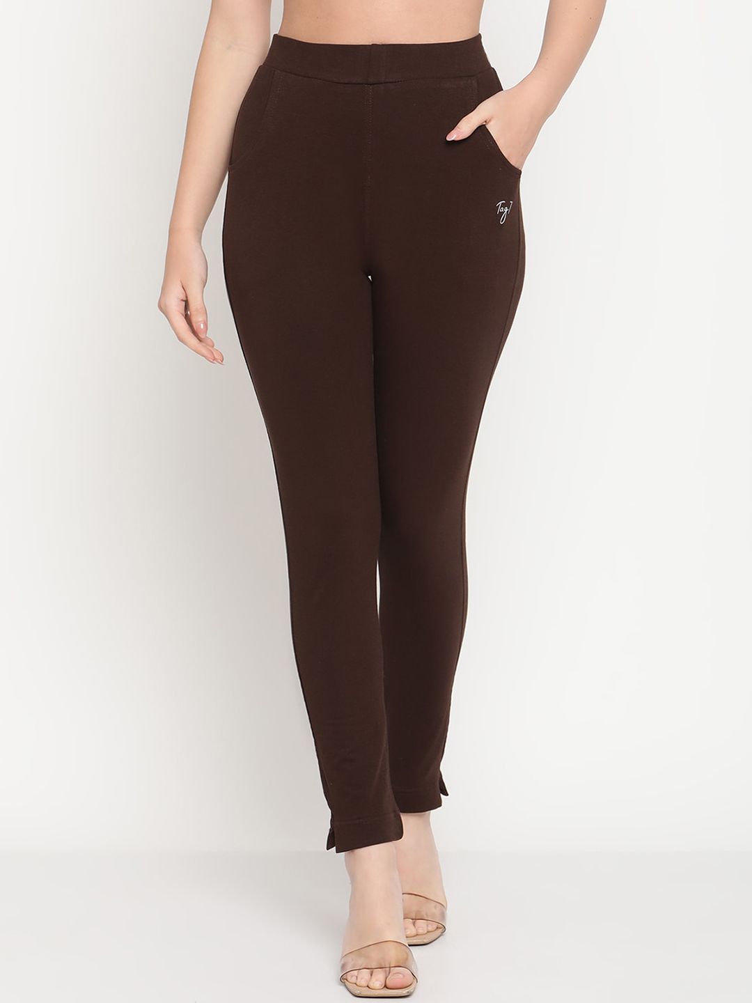 TAG 7 Women Navy Blue & Brown Pack Of 2 Solid Comfort-Fit Ankle-Length Leggings - Distacart