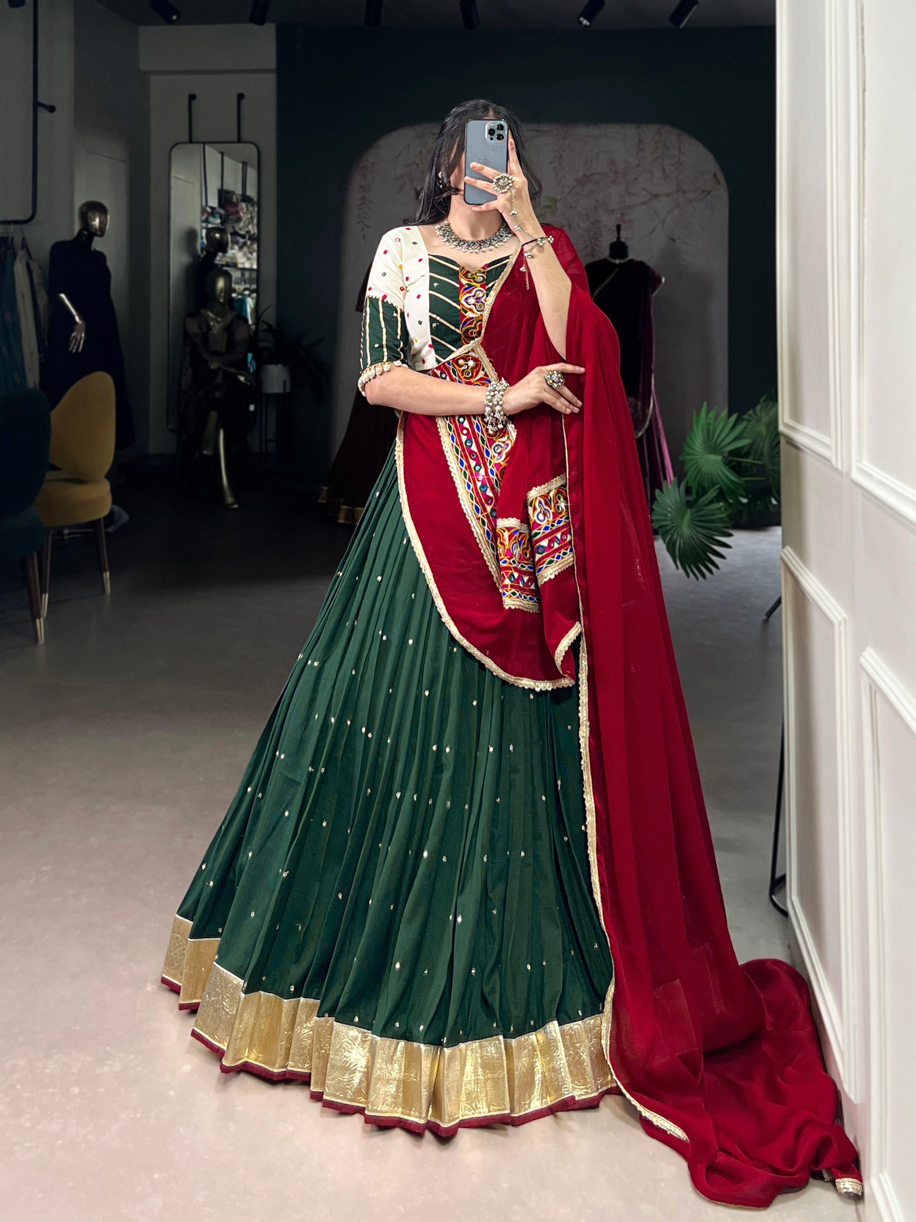 Lorenvalley Green Chiffon Sequins And Thread Embroidery Work With Embossed Design Lace Touch Up Lehenga Choli with Dupatta