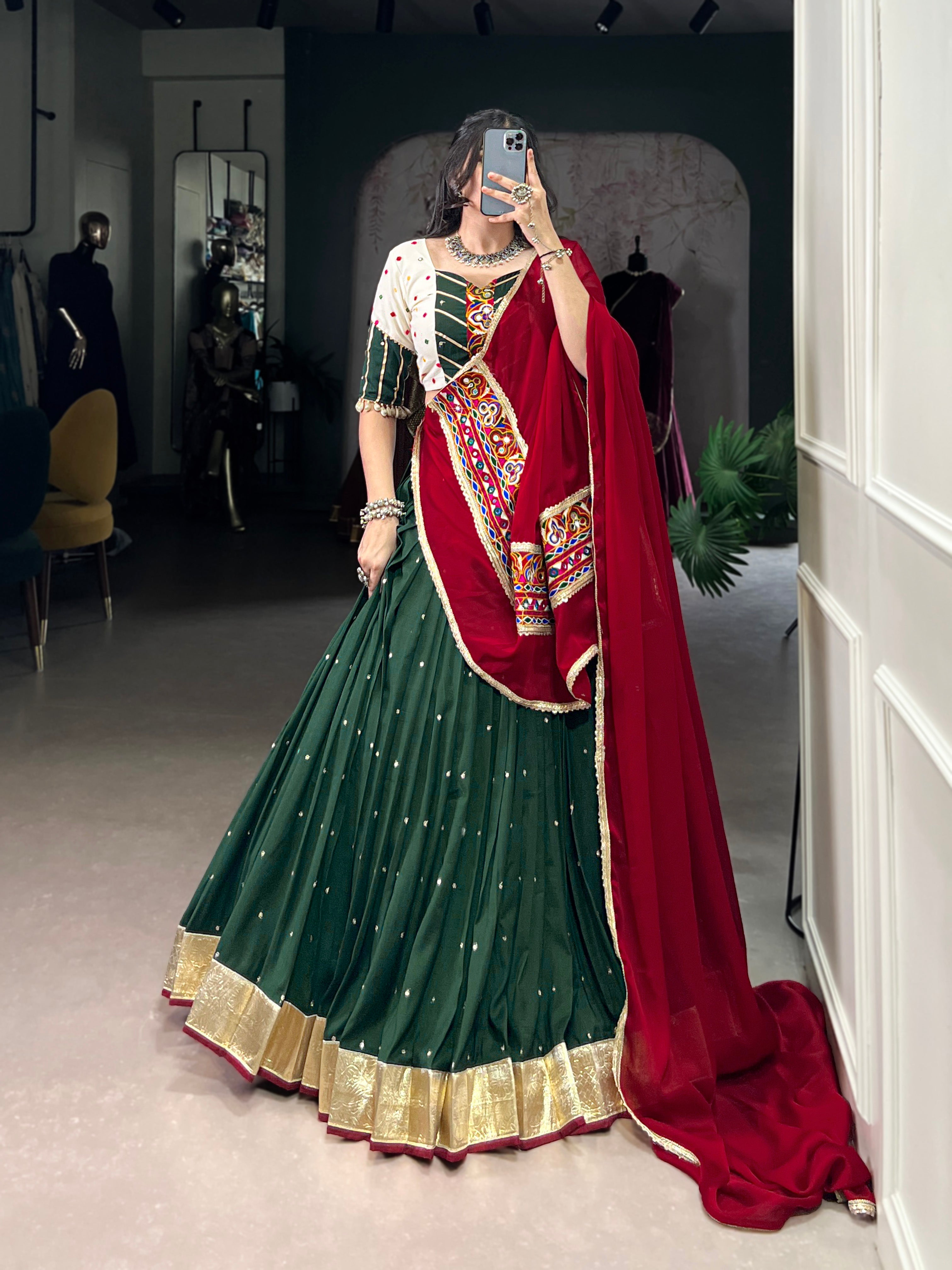 Lorenvalley Green Chiffon Sequins And Thread Embroidery Work With Embossed Design Lace Touch Up Lehenga Choli with Dupatta