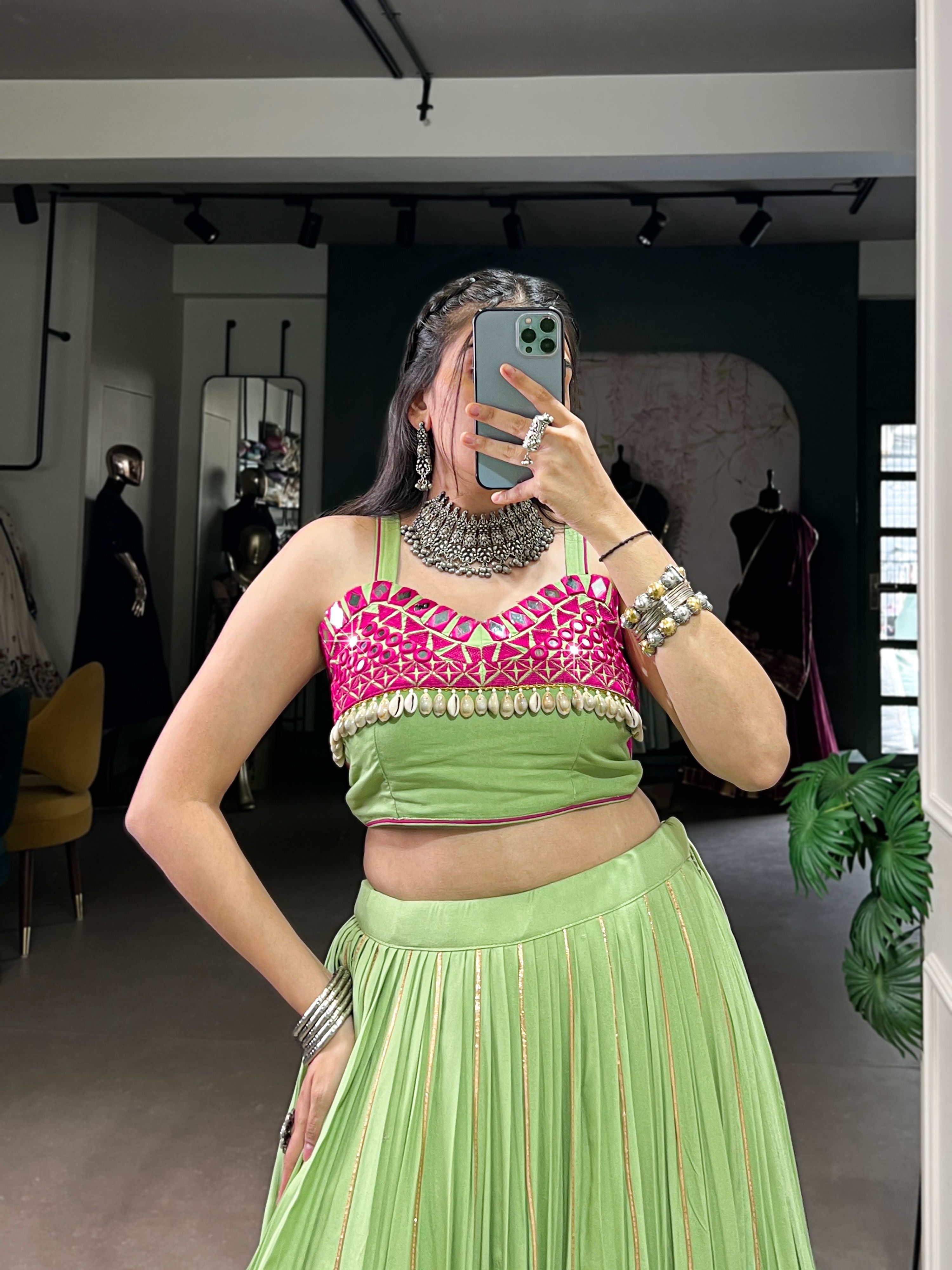 Lorenvalley Fashion Parrot Pure Rayon Embossed Design With Gotta Patti Lace Touch Up Lehenga Choli