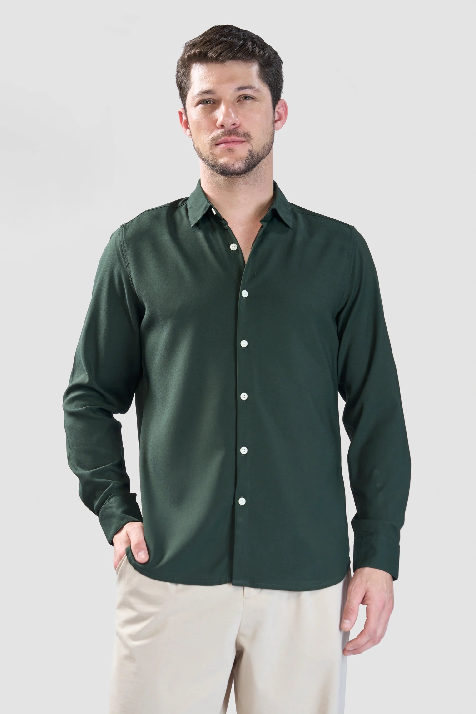 Xkind Bottle Green Plain Slim Fit Shirt