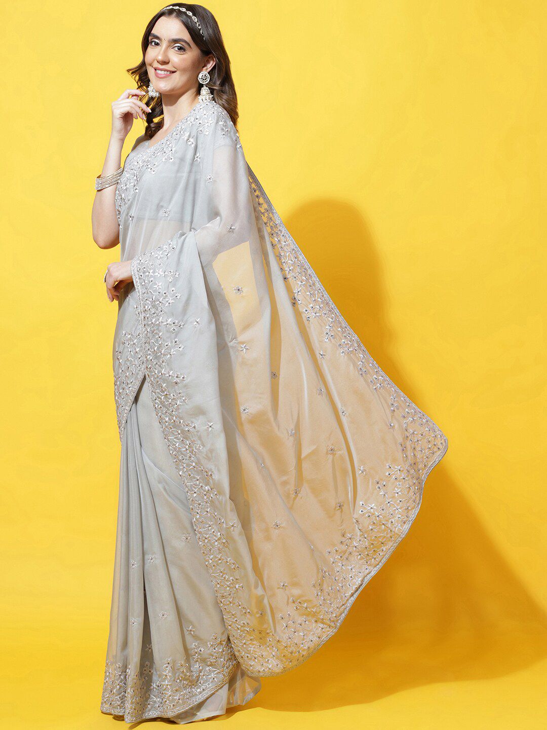kasee Floral Embroidered Organza Saree - Distacart