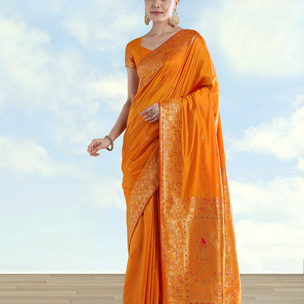 Monjolika Fashion Orange Banarasi Satin Silk Saree With Zari Border And Butti Work - Distacart