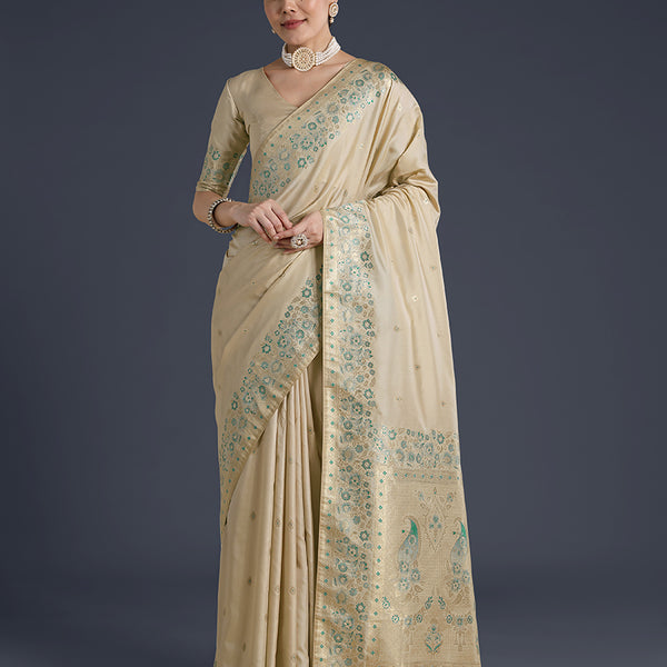 Monjolika Fashion Cream Banarasi Satin Silk Saree With Zari Border And Butti Work - Distacart