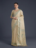 Thumbnail for Monjolika Fashion Cream Banarasi Satin Silk Saree With Zari Border And Butti Work - Distacart