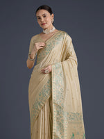 Thumbnail for Monjolika Fashion Cream Banarasi Satin Silk Saree With Zari Border And Butti Work - Distacart