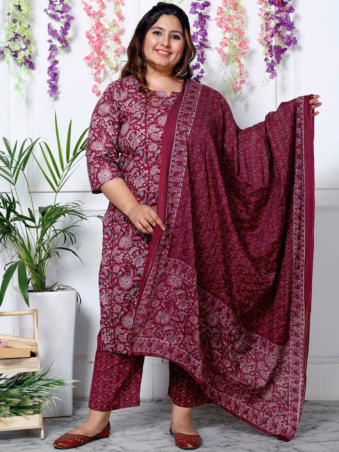 Swasti Plus Size Floral Printed Sequinned Pure Cotton Kurta With Trouser & Dupatta - Distacart