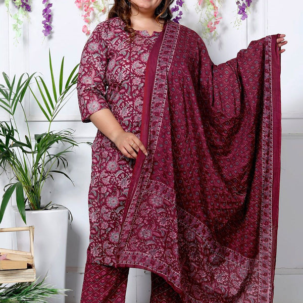 Swasti Plus Size Floral Printed Sequinned Pure Cotton Kurta With Trouser & Dupatta - Distacart