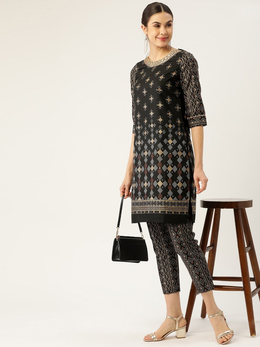All About You Women Black & Golden Printed Sequinned Kurta with Trousers - Distacart