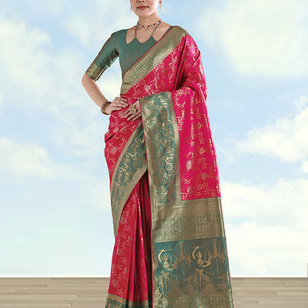 Monjolika Fashion Rani Pink Banarasi Silk Saree With Zari Woven Design - Distacart