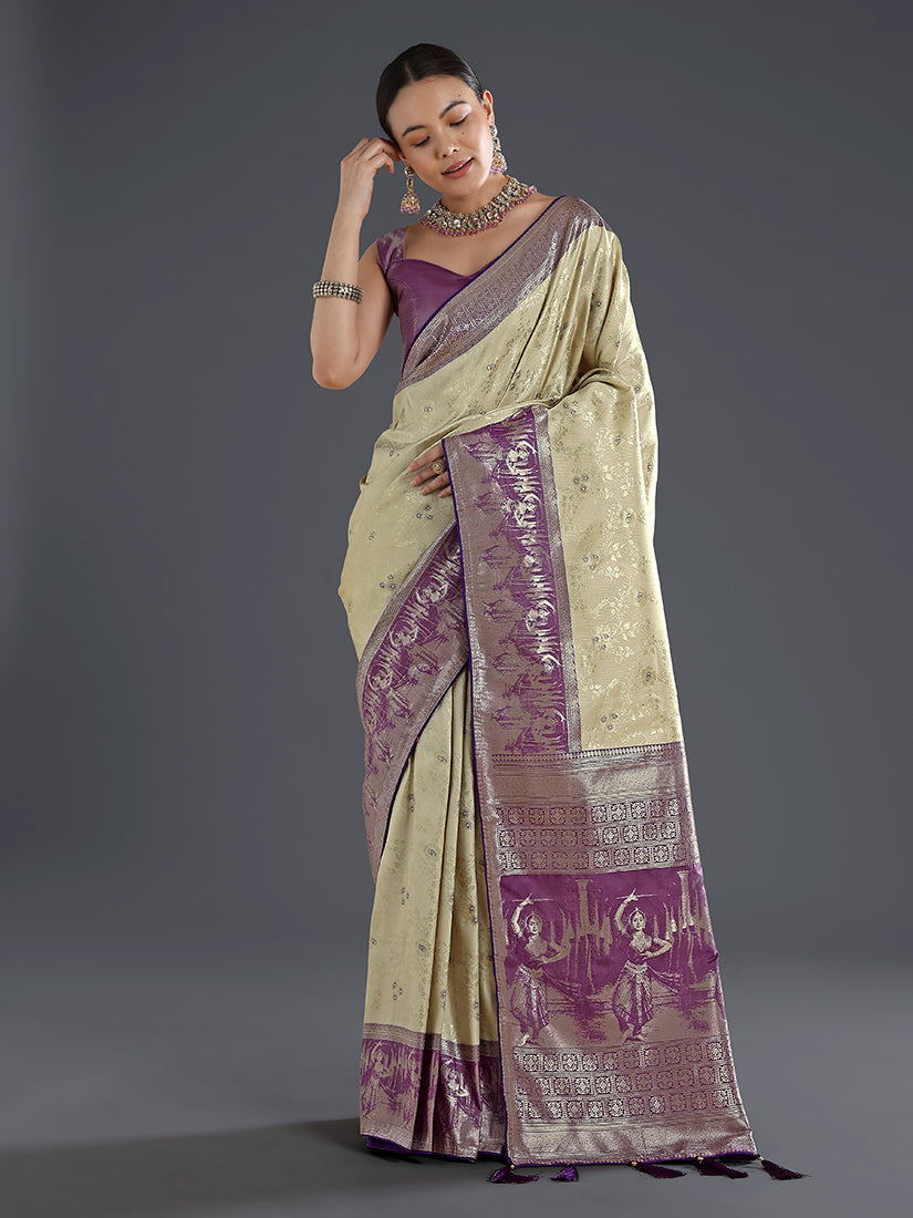 Monjolika Fashion Cream Banarasi Silk Saree With Zari Woven Design - Distacart