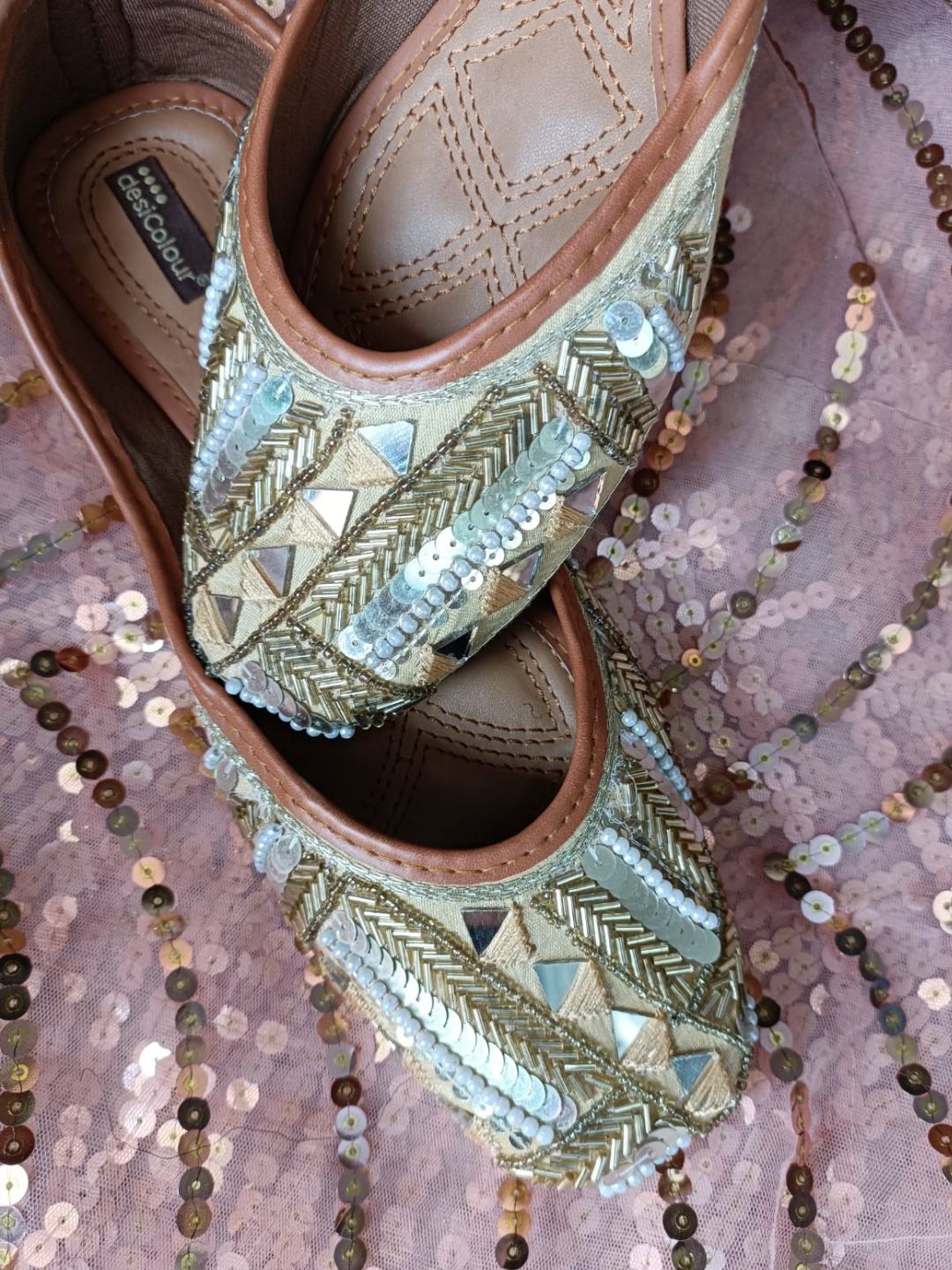 Desi Colour Women Indian Ethnic Footwear-Golden Mirror Emb