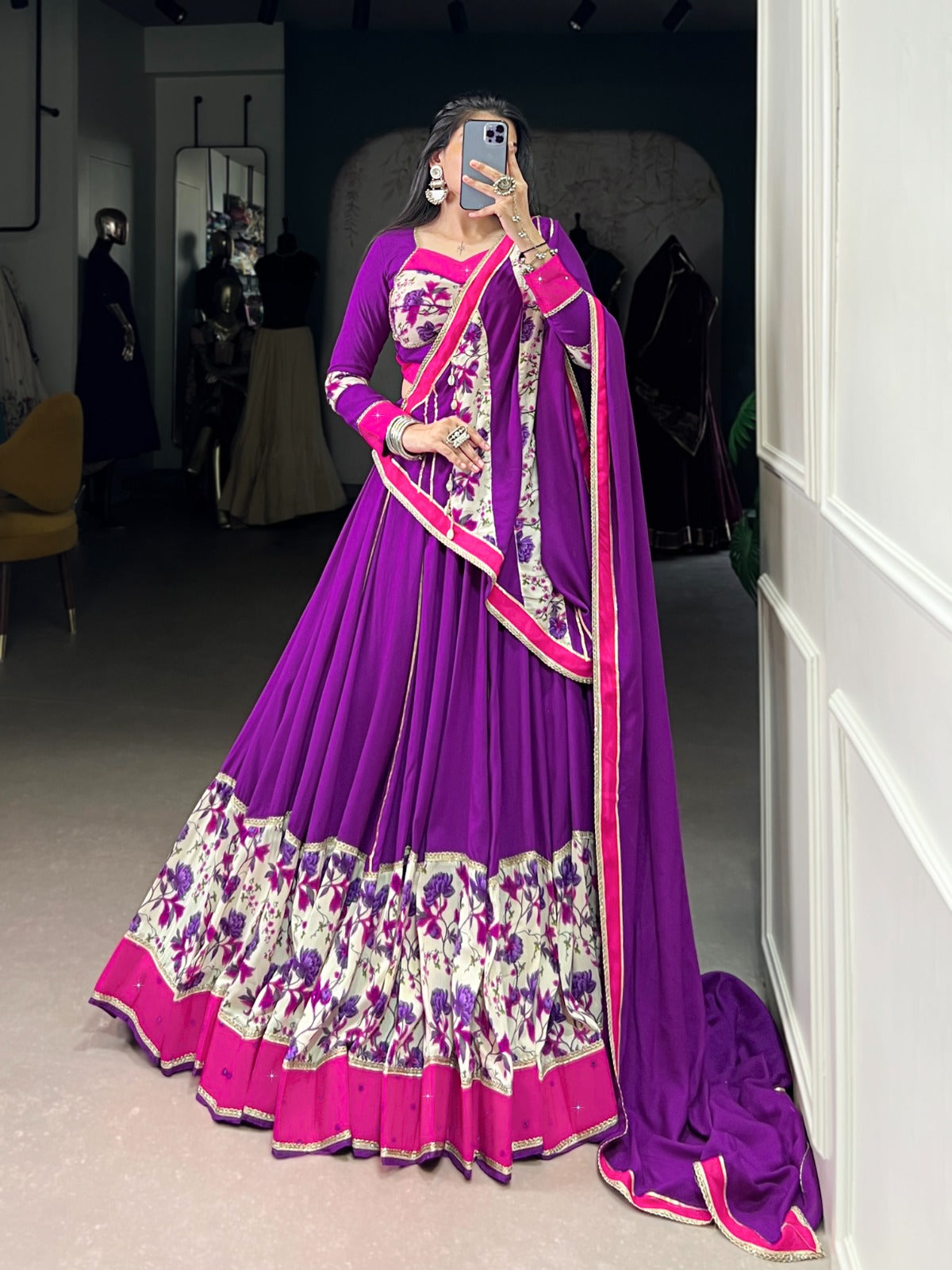 Lorenvalley Fashion Purple Pure Rayon Printed And Original Mirror Hand Work With Lace Touch Up Lehenga Choli with Dupatta