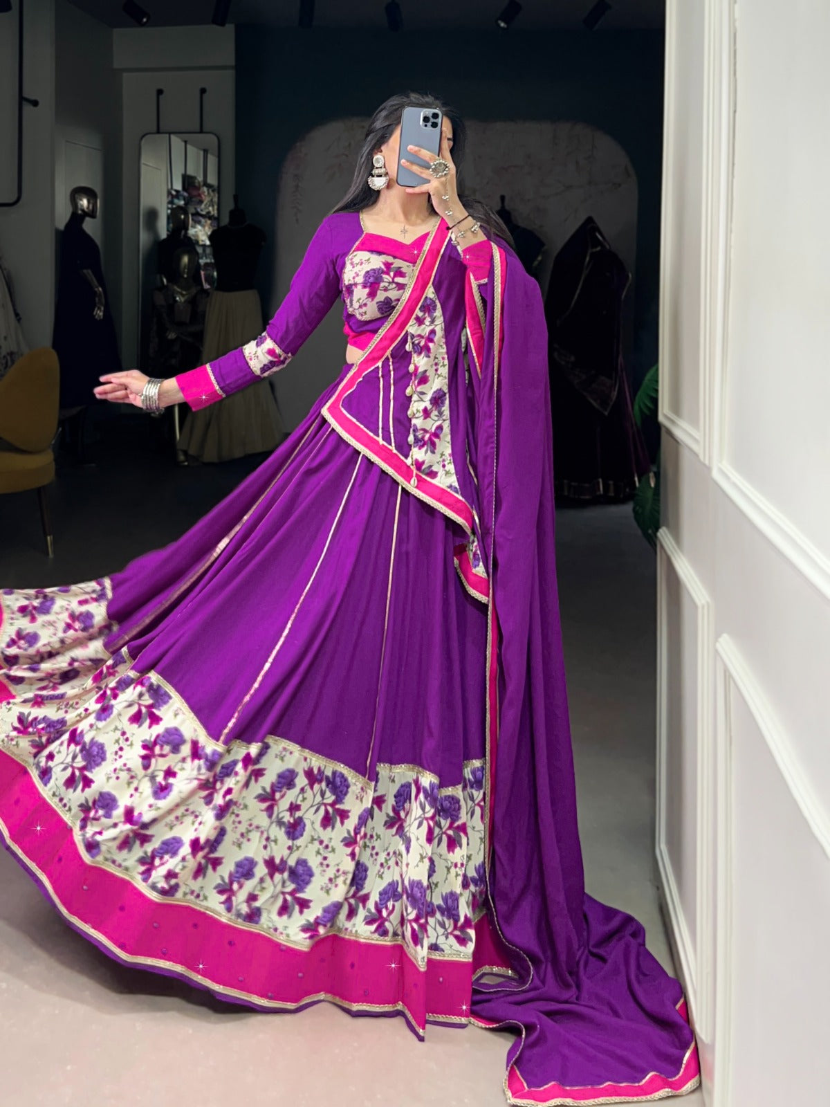 Lorenvalley Fashion Purple Pure Rayon Printed And Original Mirror Hand Work With Lace Touch Up Lehenga Choli with Dupatta