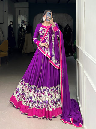 Lorenvalley Fashion Purple Pure Rayon Printed And Original Mirror Hand Work With Lace Touch Up Lehenga Choli with Dupatta