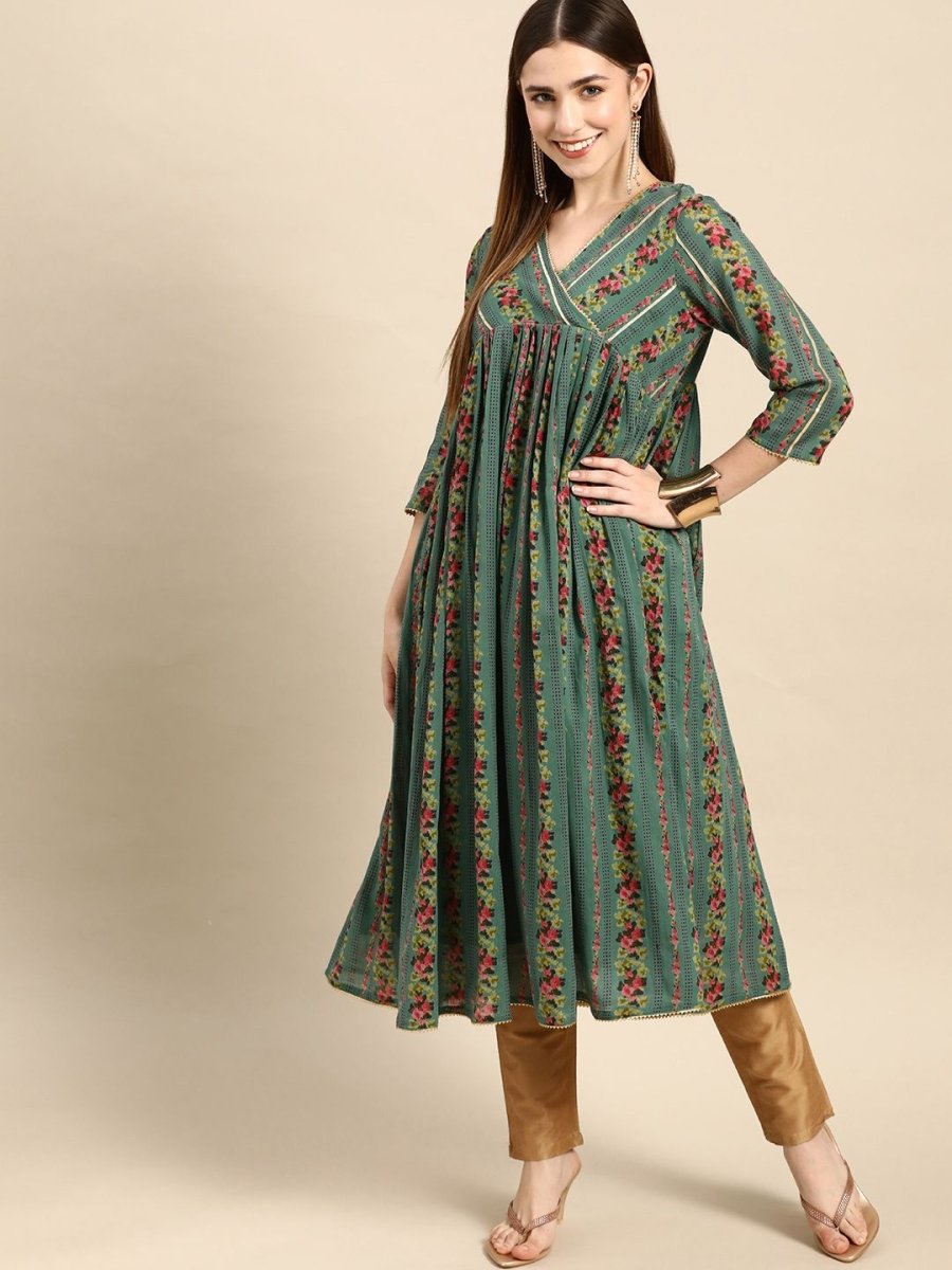 Anouk Women Green & Pink Pure Cotton Floral Printed Gotta Patti Floral Kurta - Distacart
