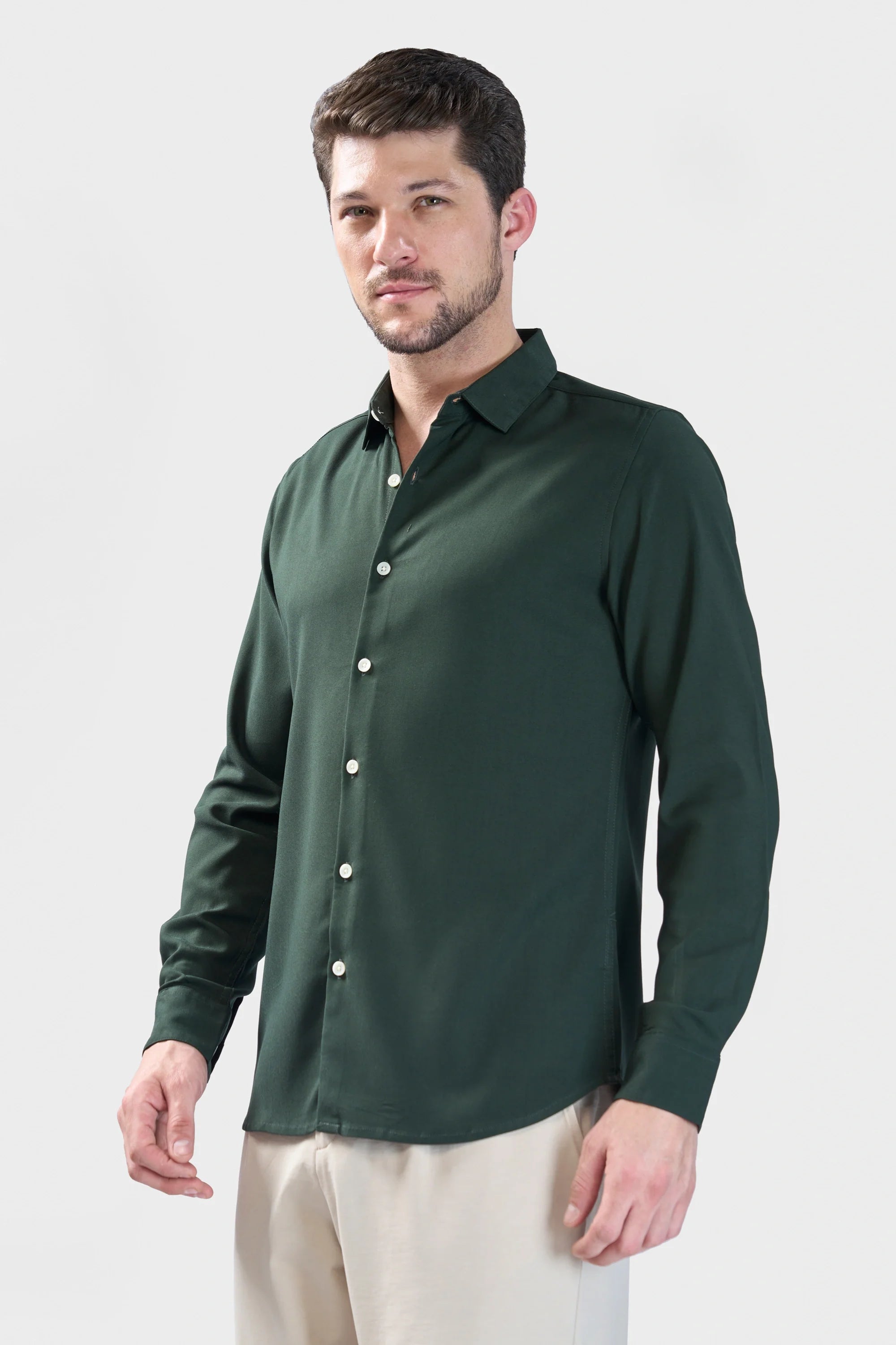 Xkind Bottle Green Plain Slim Fit Shirt