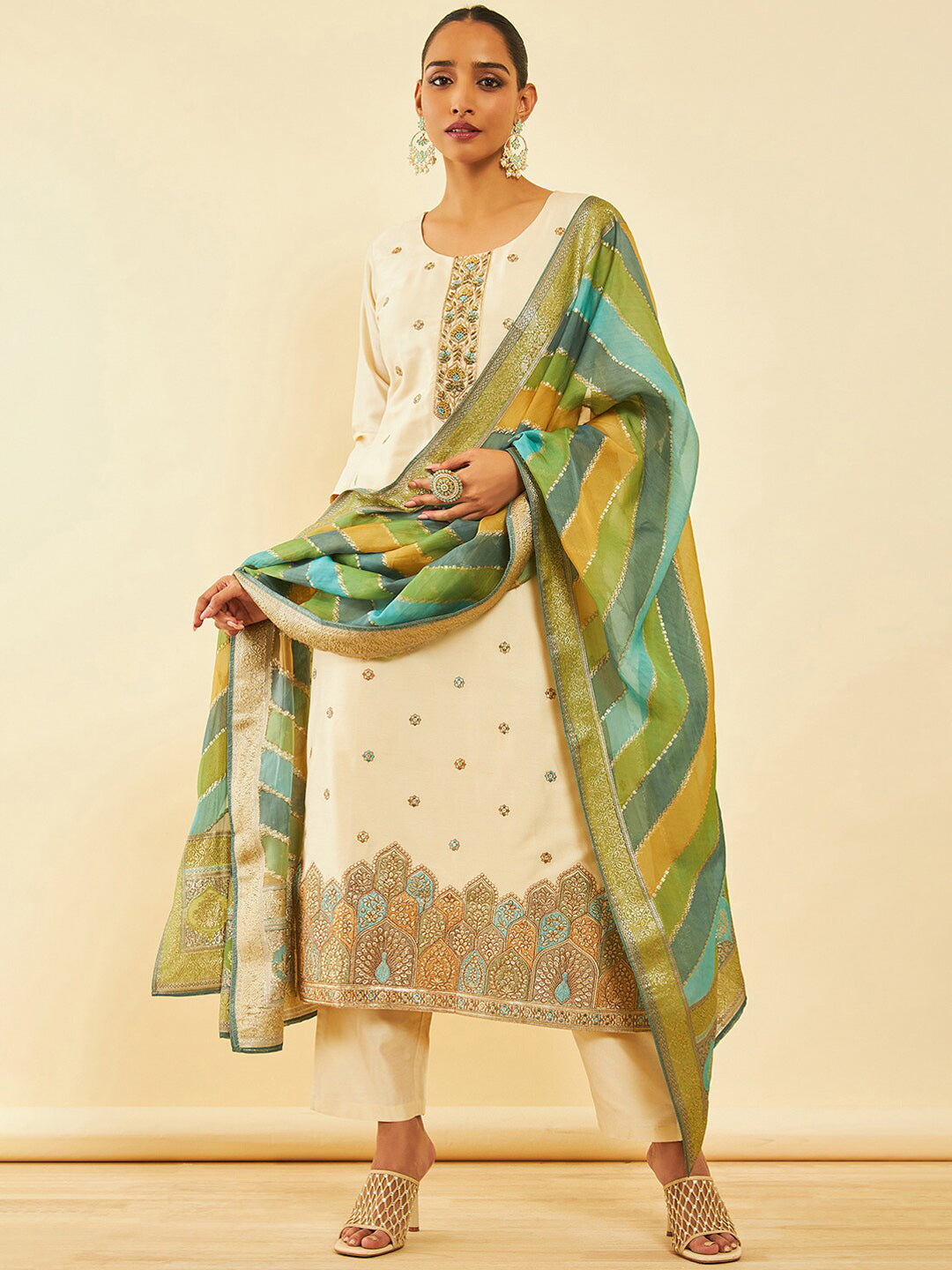 Soch Floral Embroidered Regular Zardozi Kurta with Trousers & Dupatta - Distacart