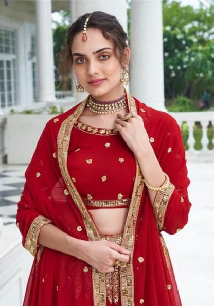 Anaita Red Georgette Lehenga Choli With Sequence & Thread Work - Distacart