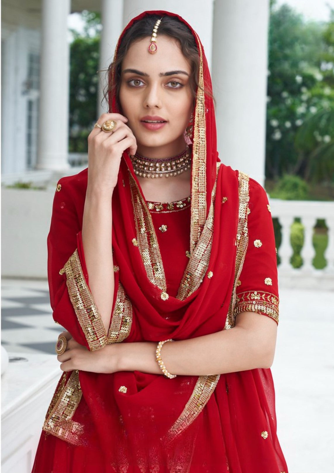 Anaita Red Georgette Lehenga Choli With Sequence & Thread Work - Distacart