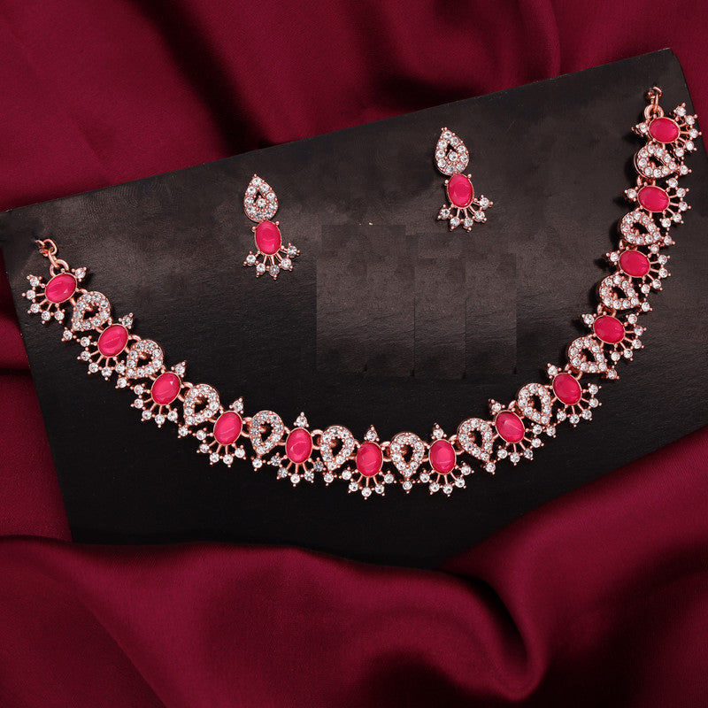 Tehzeeb Creations Pink Colour Ad Studded Necklace Jewellery Set With Matching Earrings For Women And Girls - Distacart