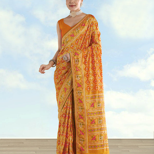 Monjolika Fashion Mustard Satin Silk Saree With Patola Work And Elephant Motifs - Distacart