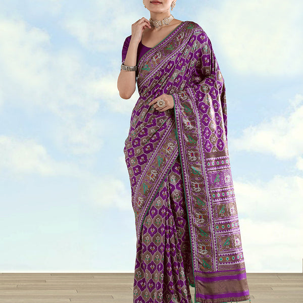 Monjolika Fashion Purple Satin Silk Saree With Patola Work And Elephant Motifs - Distacart