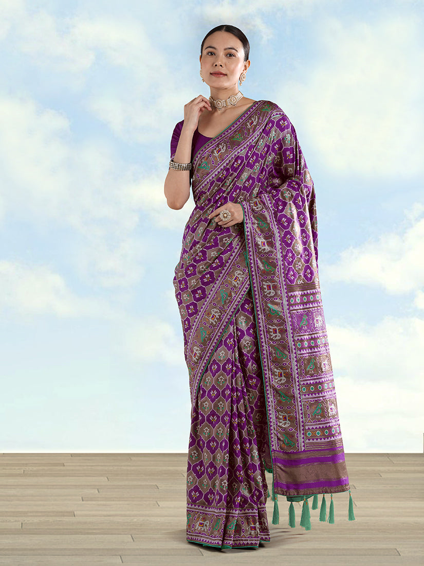 Monjolika Fashion Purple Satin Silk Saree With Patola Work And Elephant Motifs - Distacart