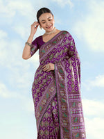 Thumbnail for Monjolika Fashion Purple Satin Silk Saree With Patola Work And Elephant Motifs - Distacart