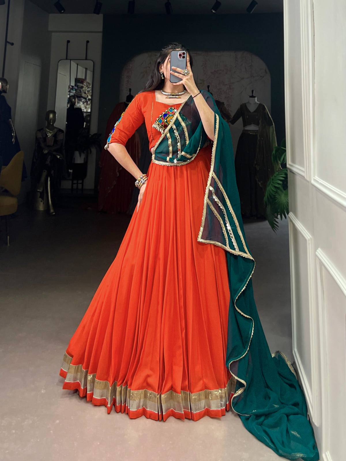 Lorenvalley Orange Pure Rayon Embossed Design Lace Touch Up Lehenga Choli with Dupatta