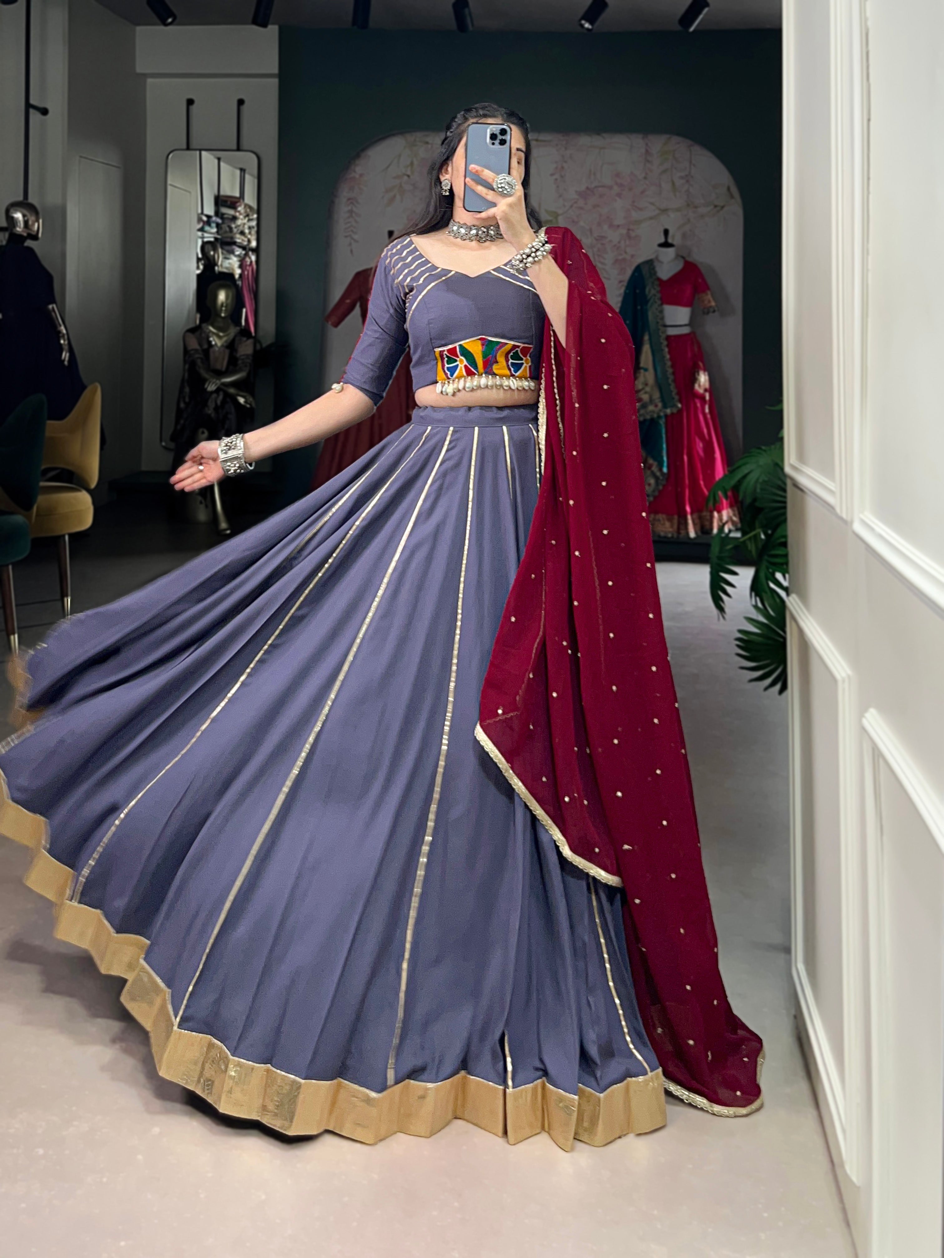Lorenvalley Darkgrey Pure Rayon Embossed Design With Gotta Patti Lace Touch Up Lehenga Choli with Dupatta