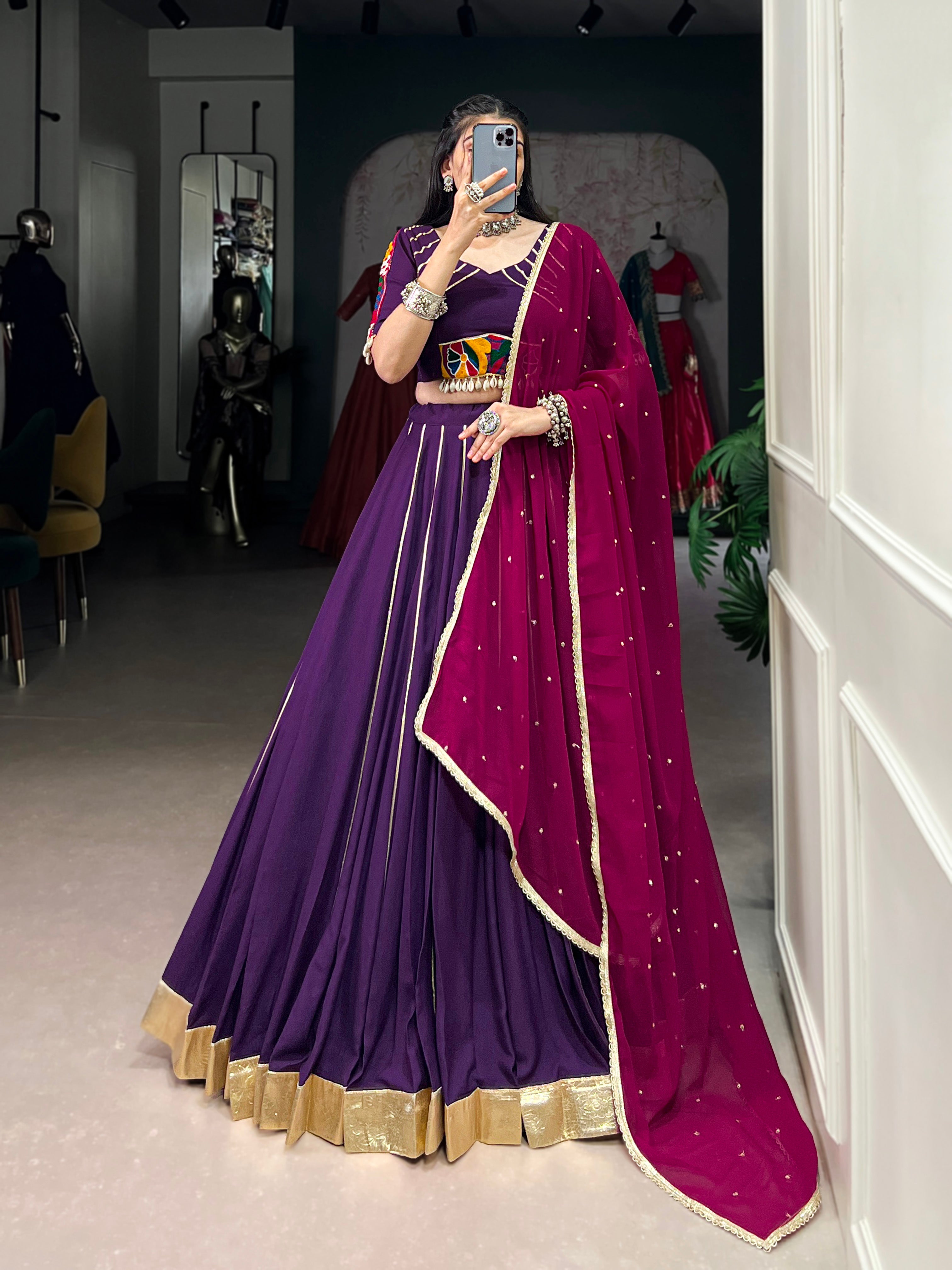 Lorenvalley Purple Pure Rayon Embossed Design With Gotta Patti Lace Touch Up Lehenga Choli with Dupatta