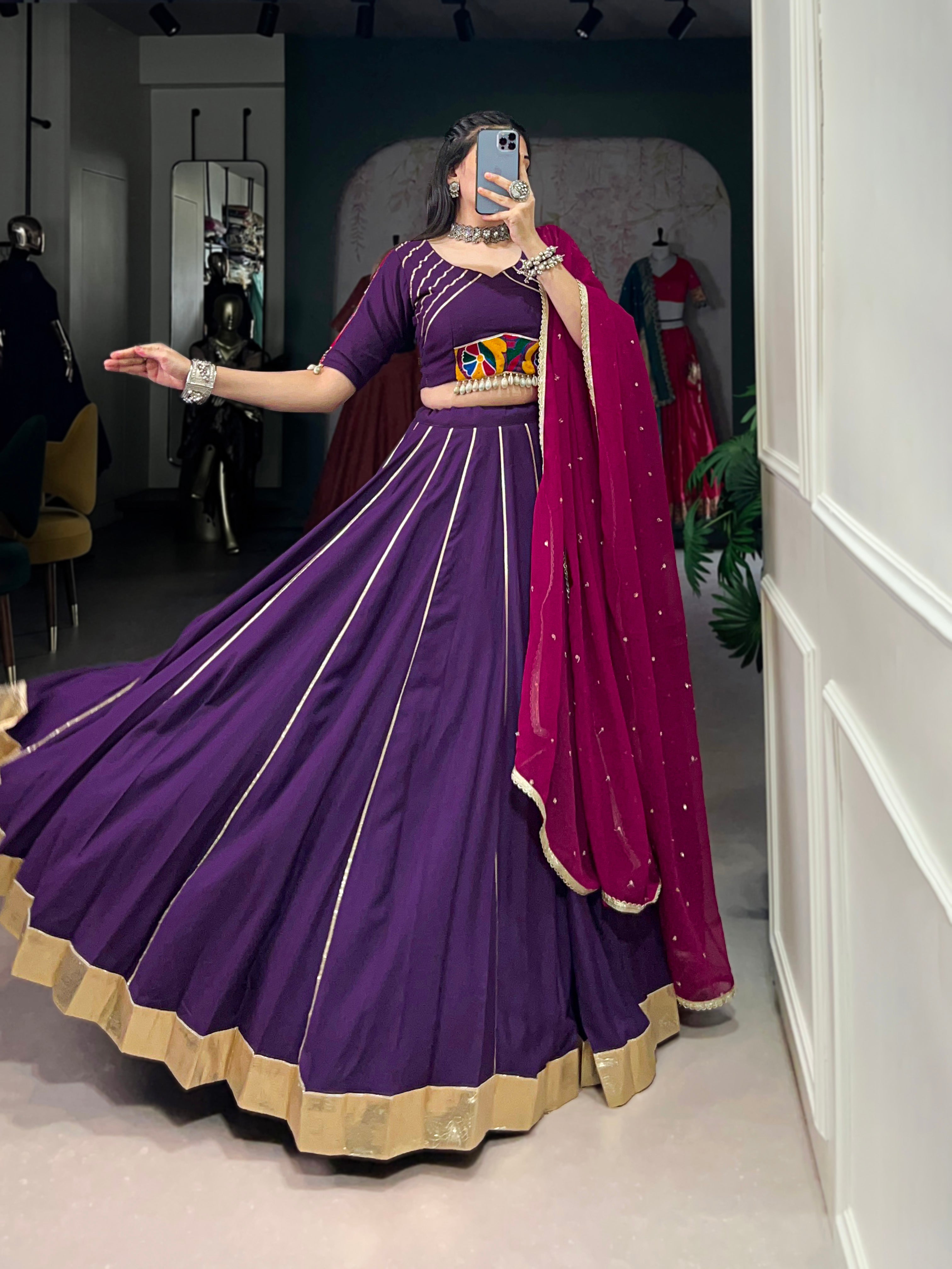 Lorenvalley Purple Pure Rayon Embossed Design With Gotta Patti Lace Touch Up Lehenga Choli with Dupatta