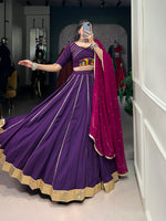Thumbnail for Lorenvalley Purple Pure Rayon Embossed Design With Gotta Patti Lace Touch Up Lehenga Choli with Dupatta