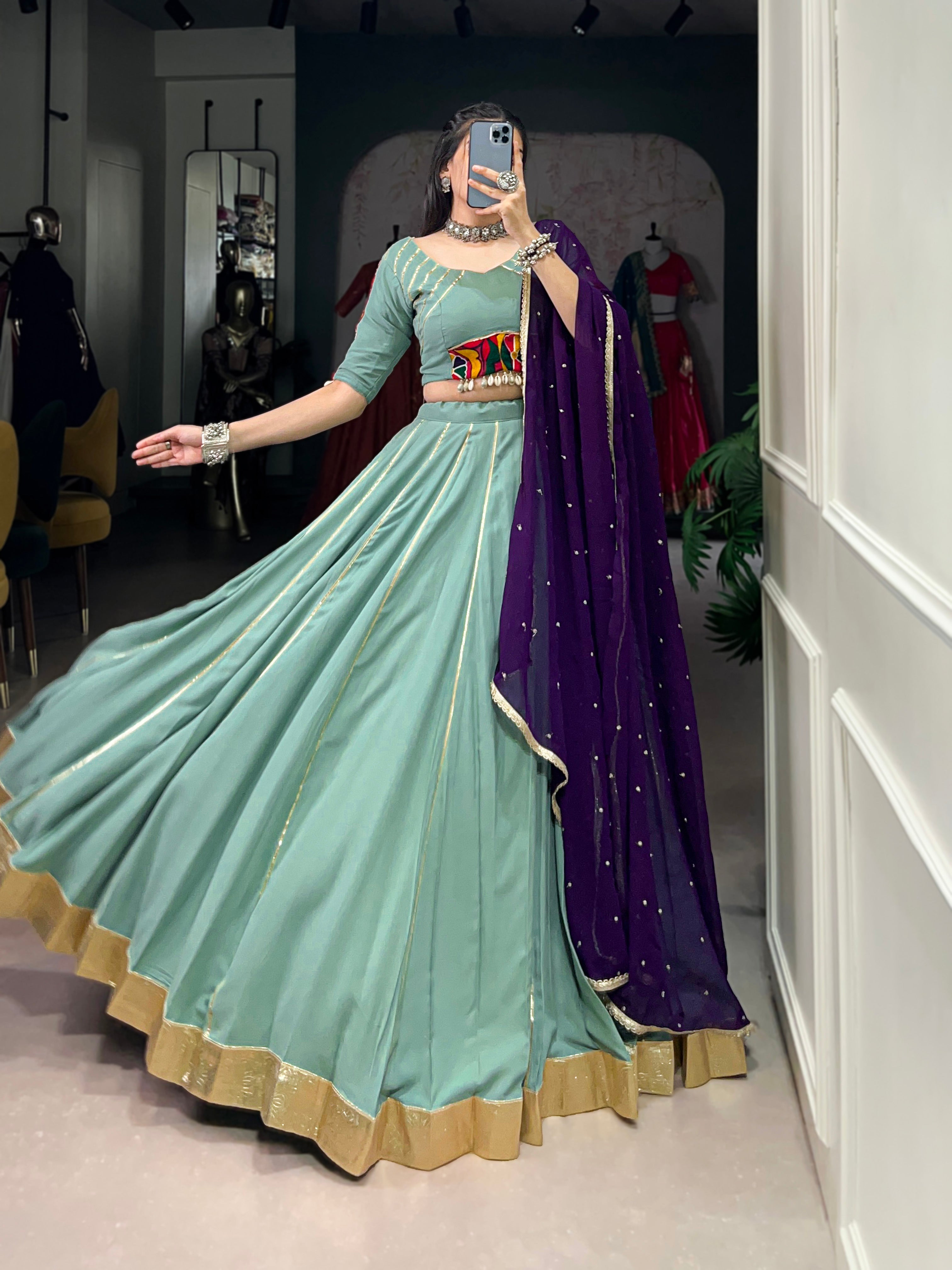 Lorenvalley Seagreen Pure Rayon Embossed Design With Gotta Patti Lace Touch Up Lehenga Choli with Dupatta