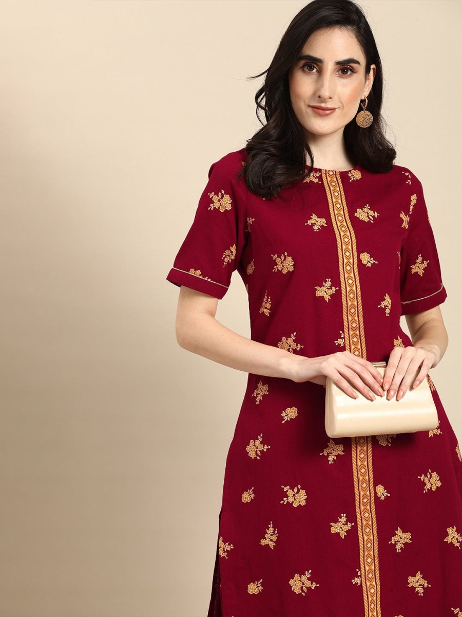 All About You Women Maroon & Mustard Yellow Floral Printed Pure Cotton Kurta with Trousers - Distacart