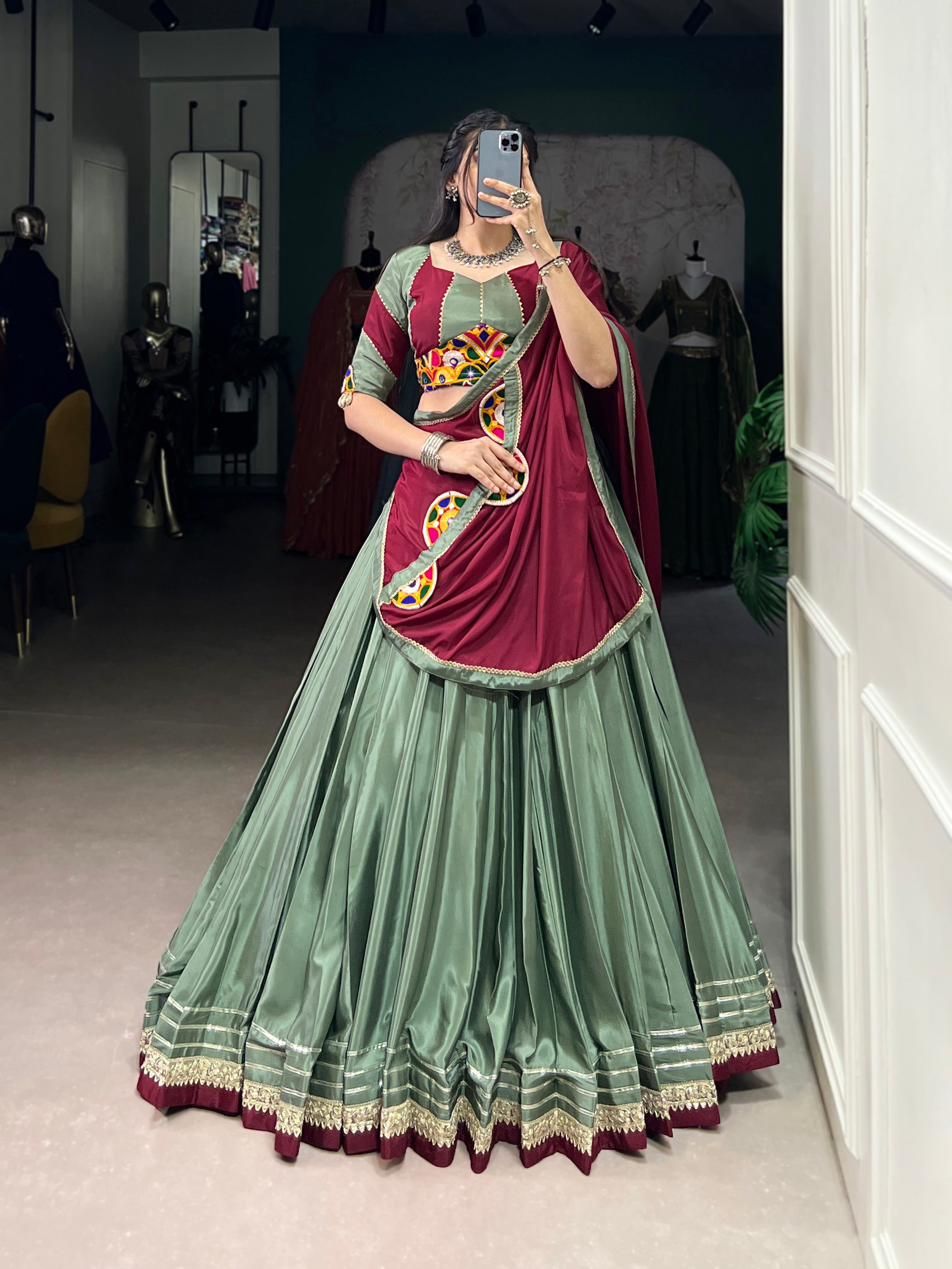 Lorenvalley Seagreen Silk Crepe Sequins And Thread Embroidery Gotta Patti Lace Touch Up Lehenga Choli with Dupatta